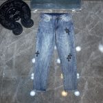 Chrome Hearts Pants Blue Cotton Leather Patchwork Denim Embroidery Patch