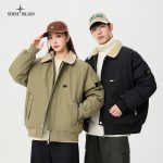 Stone Island Outerwear Red Cotton Wool Lambswool Down Woven Fabric Jacquard