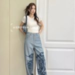 Burberry Jeans Red Lace Denim Stretch Vintage Washed Blue Embroidery