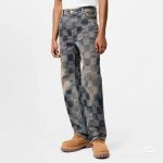 Louis Vuitton Jeans Red Top-Grain Cowhide Suede Twill Jacquard Denim Vintage Washed Blue Sophistication Pattern Leather Patch
