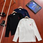 Ami Long-Sleeved T-Shirt Blue Simple Design Autumn Winter And Embroidery