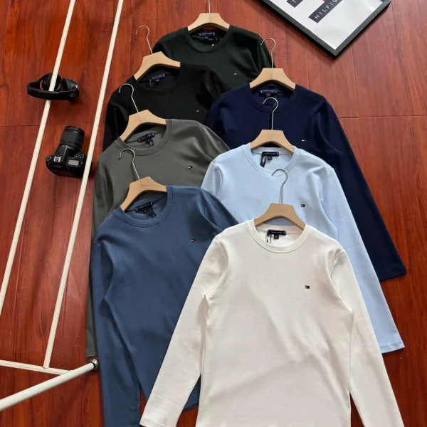 Tommy Hilfiger Long-Sleeved T-Shirt Red Cotton Mercerized Denim Soft And Elastic Simple Design Autumn Winter