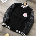 Moncler Jacket Black Wool Blend Pu Leather Embroidery