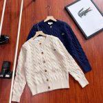 Lacoste Long-Sleeved Shirts Red Cotton Pure Wool Blend Down Cable Knit Retro Preppy Style Spring Autumn Winter Embroidery