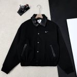 Nike Coat Red Wool Blend Leather Patchwork Twill Retro Preppy Style Patch