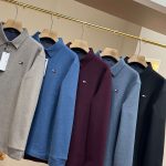 Tommy Hilfiger Long-Sleeved Shirts Red Cotton Mercerized Wool Down Fleece Simple And Elegant Autumn Winter Slim Fit