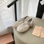 Miu Ballet Shoes Ash Cashmere Genuine Leather Sheepskin Autumn Winter
