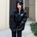 Adidas Cotton-Padded Coat Red Cotton Combed Down Pu Leather Winter Side Pockets