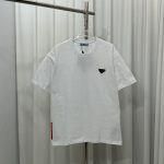 Prada Short-Sleeved T-Shirt Red Cotton Pure Leather Patch