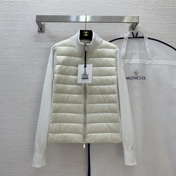 Moncler Long-Sleeved Down Jacket Pink Goose Knitted Fabric Slim Fit Patch