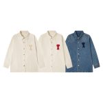 Ami Long-Sleeved Shirts Red Down Denim Street Style Autumn Embroidery Flattering Fit For All Body Types