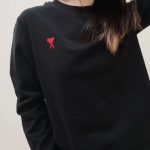 Ami Long-Sleeved T-Shirt Red Cotton Mercerized Simple Design Spring Autumn Winter