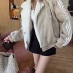 Adidas Cotton-Padded Coat Red Cotton Wool Lambswool Suede Patch