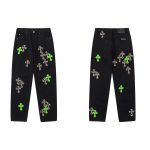 Chrome Hearts Jeans Red Genuine Leather Distressed Even Stitching